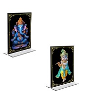 Car Desk/Table Top Sri Ganesh & Sri Krishna  Acrylic T-Style Photo Stand - 2.5x3.5 Inches, Compact and Stylish Spiritual Display, easily change  2 photos ( Pack of 1 )