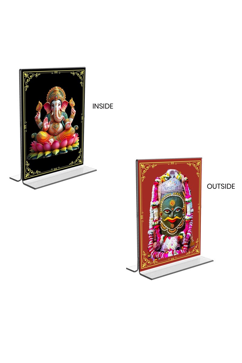 Car Desk/Table Top Sri Ganesh & Lord Shiva Lingam  Acrylic T-Style Photo Stand - 2.5x3.5 Inches, Compact and Stylish Spiritual Display, easily change  2 photos ( Pack of 1 )