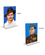 Car Desk/Table Top Sri Bhagat Singh & Netaji Subhas Chandra Bose  Acrylic T-Style Photo Stand - 2.5x3.5 Inches, Compact and Stylish Spiritual Display, easily change  2 photos ( Pack of 1 )