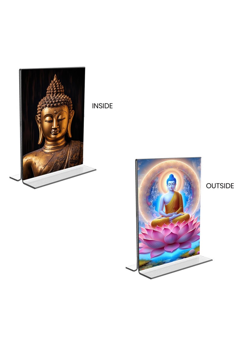 Car Desk/Table Top Buddha  Acrylic T-Style Photo Stand - 2.5x3.5 Inches, Compact and Stylish Spiritual Display, easily change  2 photos ( Pack of 1 )