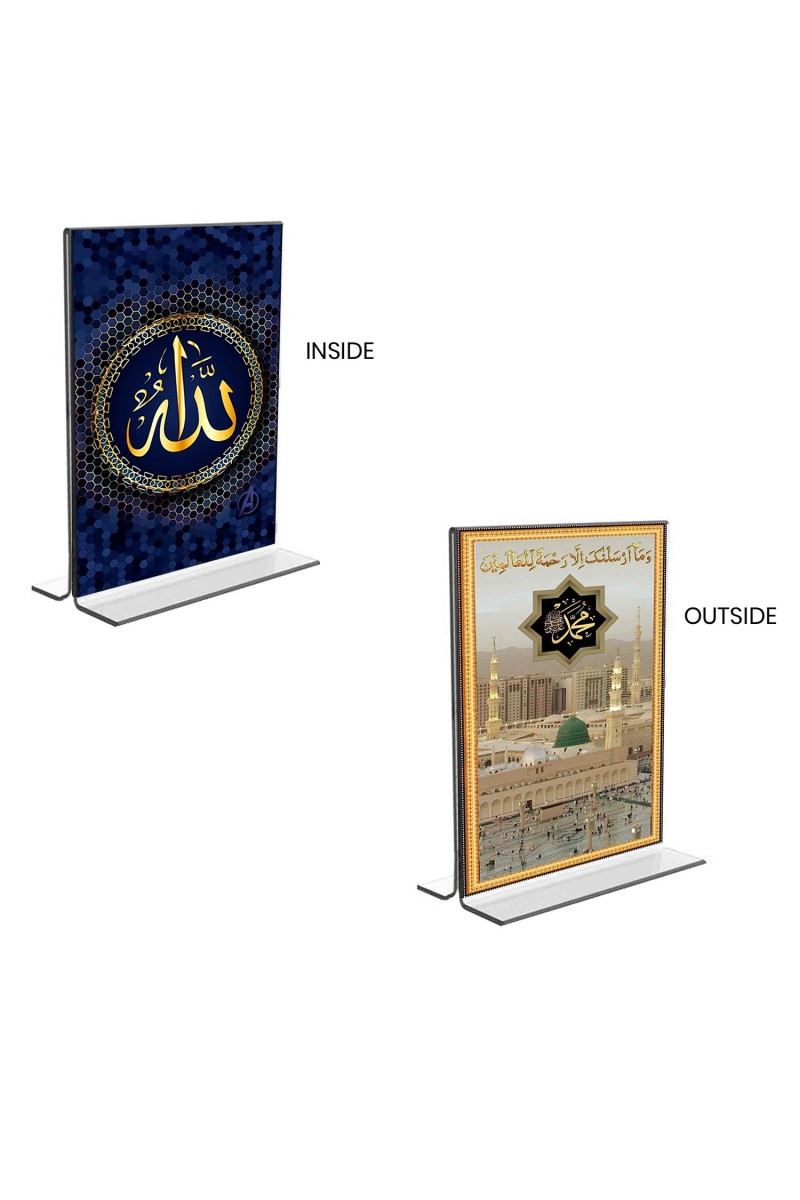 Car Desk/Table Top Islamic Allah & Mecca Madina  Acrylic T-Style Photo Stand - 2.5x3.5 Inches, Compact and Stylish Spiritual Display, easily change  2 photos ( Pack of 1 )