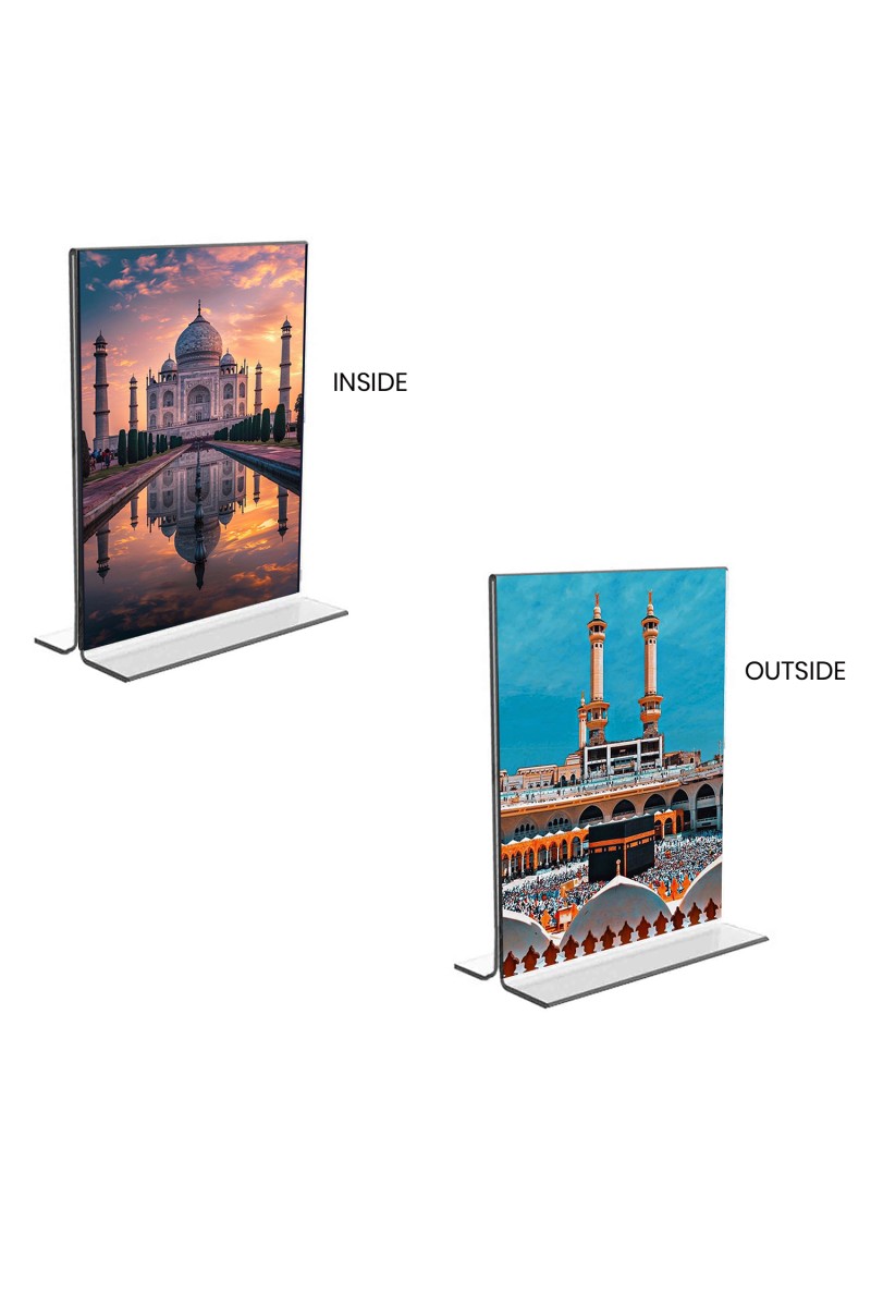 Car Desk/Table Top Taj Mahal & Mecca Madina  Acrylic T-Style Photo Stand - 2.5x3.5 Inches, Compact and Stylish Spiritual Display, easily change  2 photos ( Pack of 1 )