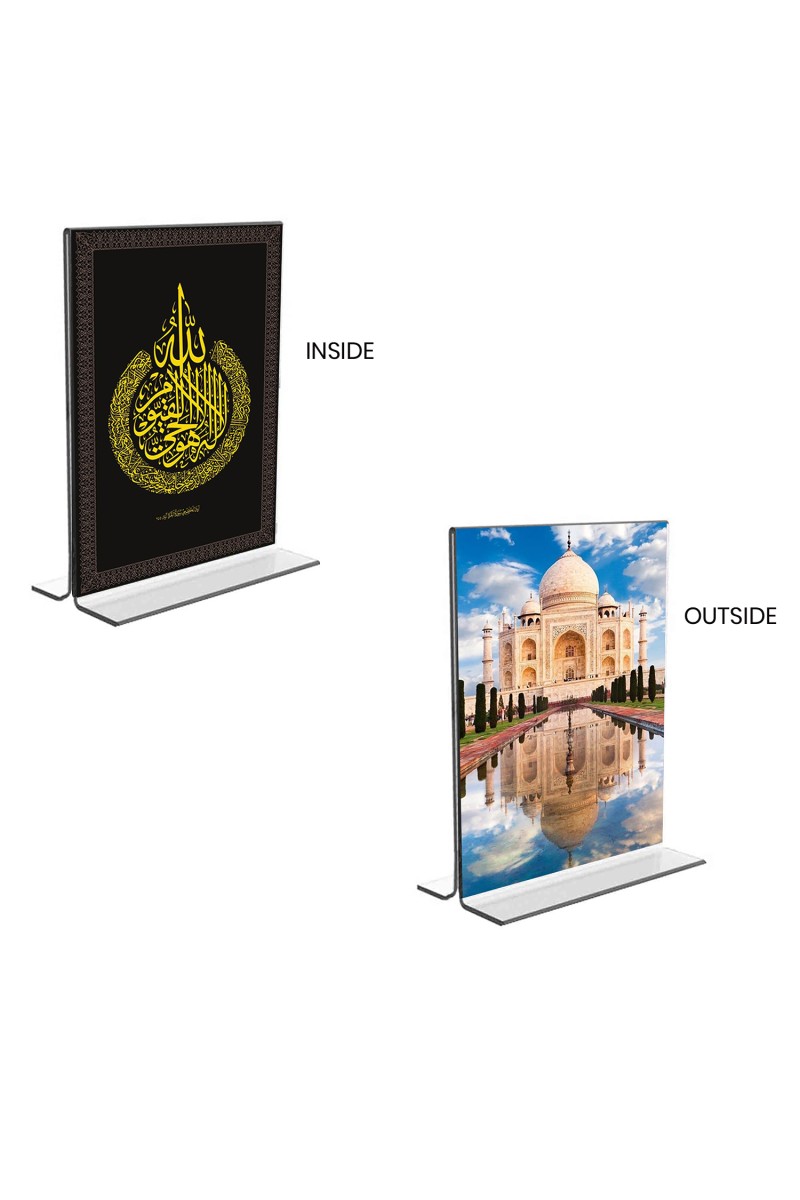 Car Desk/Table Top Islamic Allah & Taj Mahal Acrylic T-Style Photo Stand - 2.5x3.5 Inches, Compact and Stylish Spiritual Display, easily change  2 photos ( Pack of 1 )