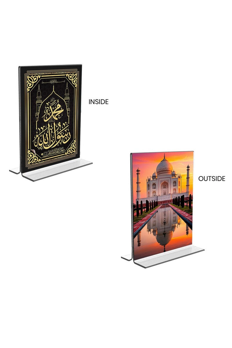 Car Desk/Table Top Islamic Allah & Taj Mahal Acrylic T-Style Photo Stand - 2.5x3.5 Inches, Compact and Stylish Spiritual Display, easily change  2 photos ( Pack of 1 )