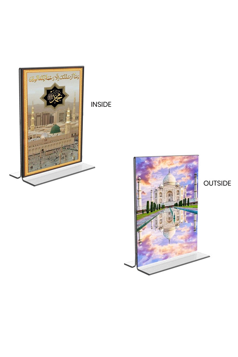 Car Desk/Table Top Taj Mahal & Mecca Madina  Acrylic T-Style Photo Stand - 2.5x3.5 Inches, Compact and Stylish Spiritual Display, easily change  2 photos ( Pack of 1 )