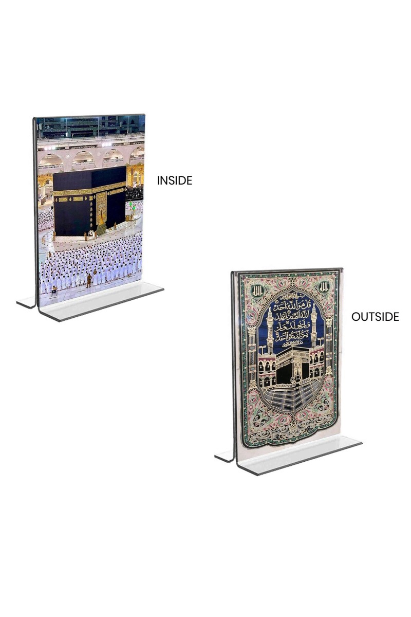 Car Desk/Table Top Islamic Allah  & Mecca Madina  Acrylic T-Style Photo Stand - 2.5x3.5 Inches, Compact and Stylish Spiritual Display, easily change  2 photos ( Pack of 1 )