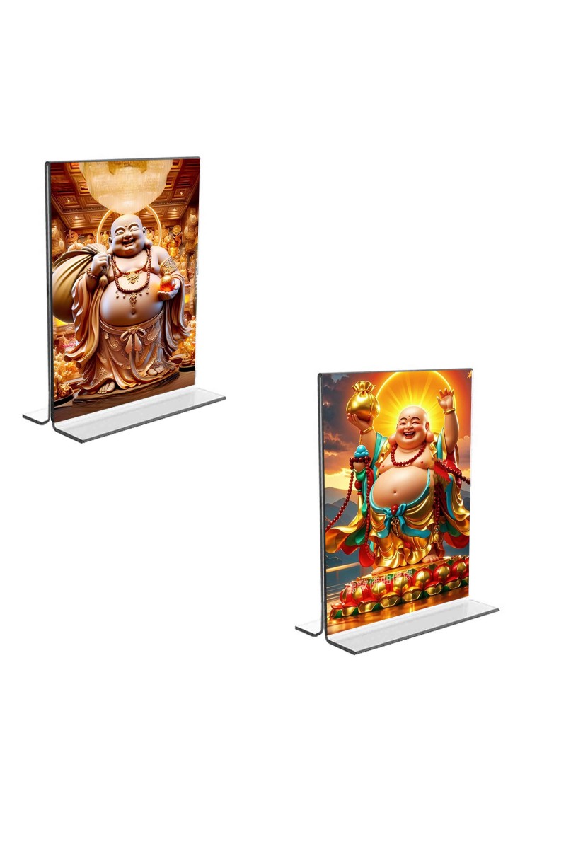 Car Desk/Table Top Laughing Buddha  Acrylic T-Style Photo Stand - 2.5x3.5 Inches, Compact and Stylish Spiritual Display, easily change  2 photos ( Pack of 1 )