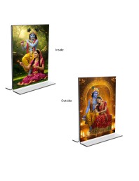 Car Desk/Table Top Sri Krishna and Sri Radha  Acrylic T-Style Photo Stand - 2.5x3.5 Inches, Compact and Stylish Spiritual Display, easily change  2 photos ( Pack of 1 )
