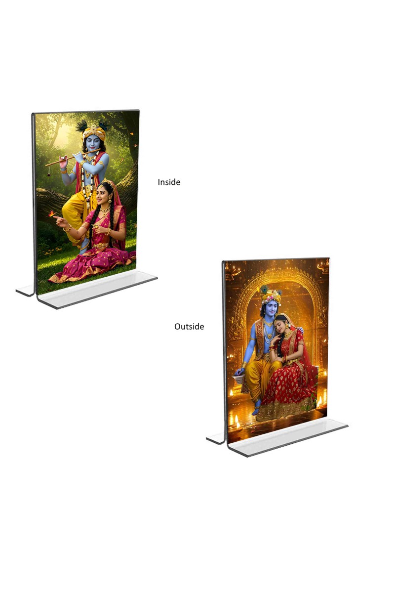 Car Desk/Table Top Sri Krishna and Sri Radha  Acrylic T-Style Photo Stand - 2.5x3.5 Inches, Compact and Stylish Spiritual Display, easily change  2 photos ( Pack of 1 )