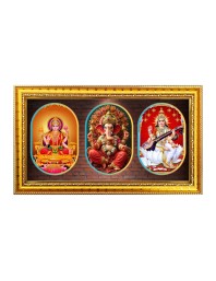 Maa laxmi ganesh, saraswati Photo Frame - 8x14 Inch Brown Wooden Frame | Hindu Gods Wall Decor for Home & Office