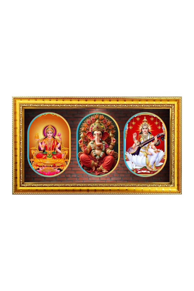 Maa laxmi ganesh, saraswati Photo Frame - 8x14 Inch Brown Wooden Frame | Hindu Gods Wall Decor for Home & Office