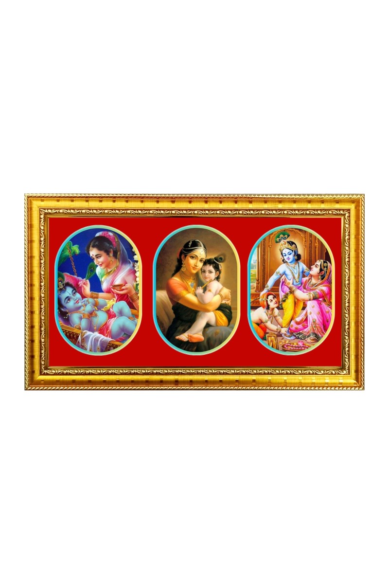 Little krishna with mother Photo Frame - 8x14 Inch Brown Wooden Frame | Hindu Gods Wall Decor for Home & Office