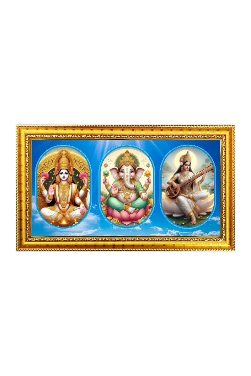 Laxmi, ganesh, saraswati Photo Frame - 8x14 Inch Brown Wooden Frame | Hindu Gods Wall Decor for Home & Office