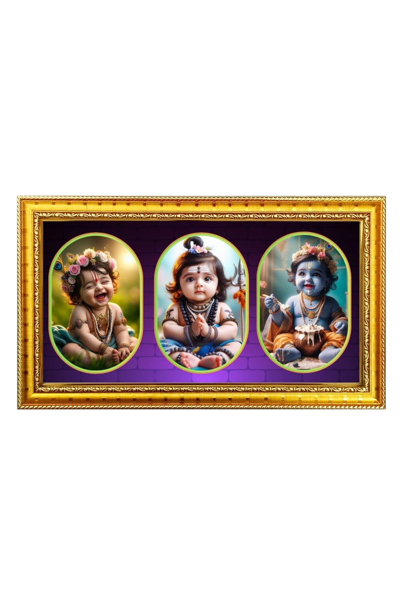 Baby krishna Photo Frame - 8x14 Inch Brown Wooden Frame | Hindu Gods Wall Decor for Home & Office