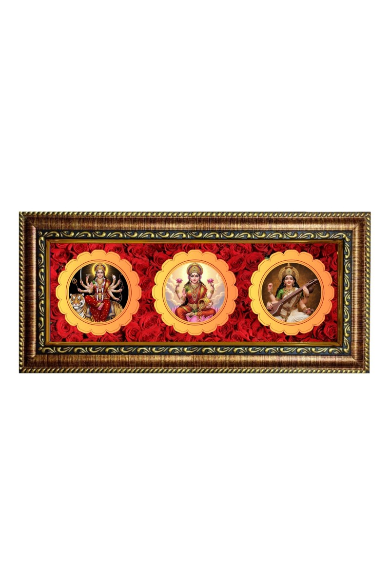 Maa, durga, laxmi, saraswati Photo Frame - 8x14 Inch Brown Wooden Frame | Hindu Gods Wall Decor for Home & Office