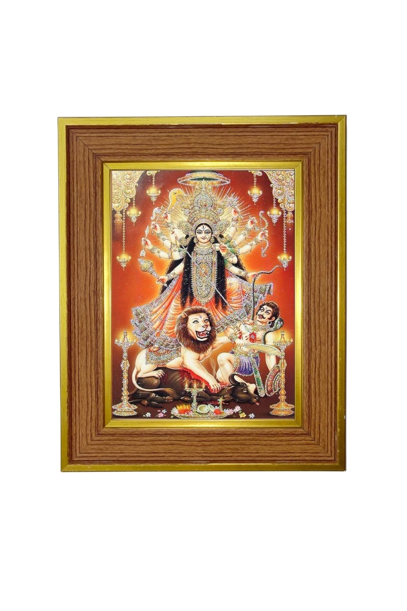 Mahishasura Mardini Photo Frame  10x14 Inches-Brown Wooden Frame for Home , Office & Temple Decoration and Gifting