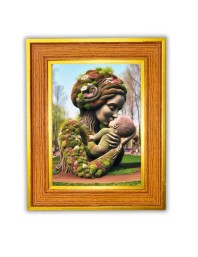 Nature mother with child Photo Frame  10x14 Inches-Brown Wooden Frame for Home , Office & Temple Decoration and Gifting