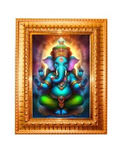 Lord Ganesha Golden Designer Photo Frame | 10x14 Inch Religious Wall Hanging Frame for Home & Office Decoration | Hindu Deity Spiritual Gift Item