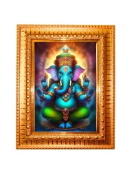 Lord Ganesha Golden Designer Photo Frame | 10x14 Inch Religious Wall Hanging Frame for Home & Office Decoration | Hindu Deity Spiritual Gift Item