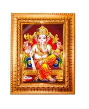 Lord Ganesha Golden Designer Photo Frame | 10x14 Inch Religious Wall Hanging Frame for Home & Office Decoration | Hindu Deity Spiritual Gift Item