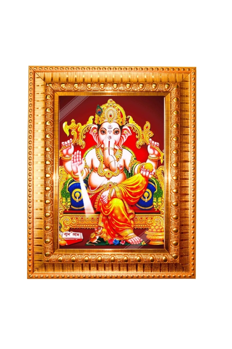 Lord Ganesha Golden Designer Photo Frame | 10x14 Inch Religious Wall Hanging Frame for Home & Office Decoration | Hindu Deity Spiritual Gift Item
