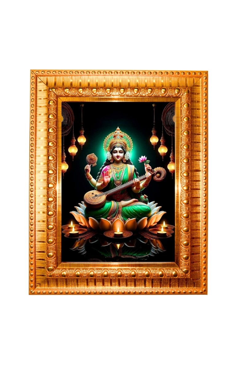 Goddess Saraswati.  Golden Designer Photo Frame | 10x14 Inch Religious Wall Hanging Frame for Home & Office Decoration | Hindu Deity Spiritual Gift Item