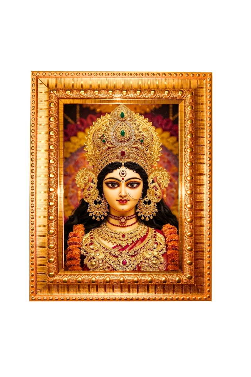 Saraswati maa Golden Designer Photo Frame | 10x14 Inch Religious Wall Hanging Frame for Home & Office Decoration | Hindu Deity Spiritual Gift Item