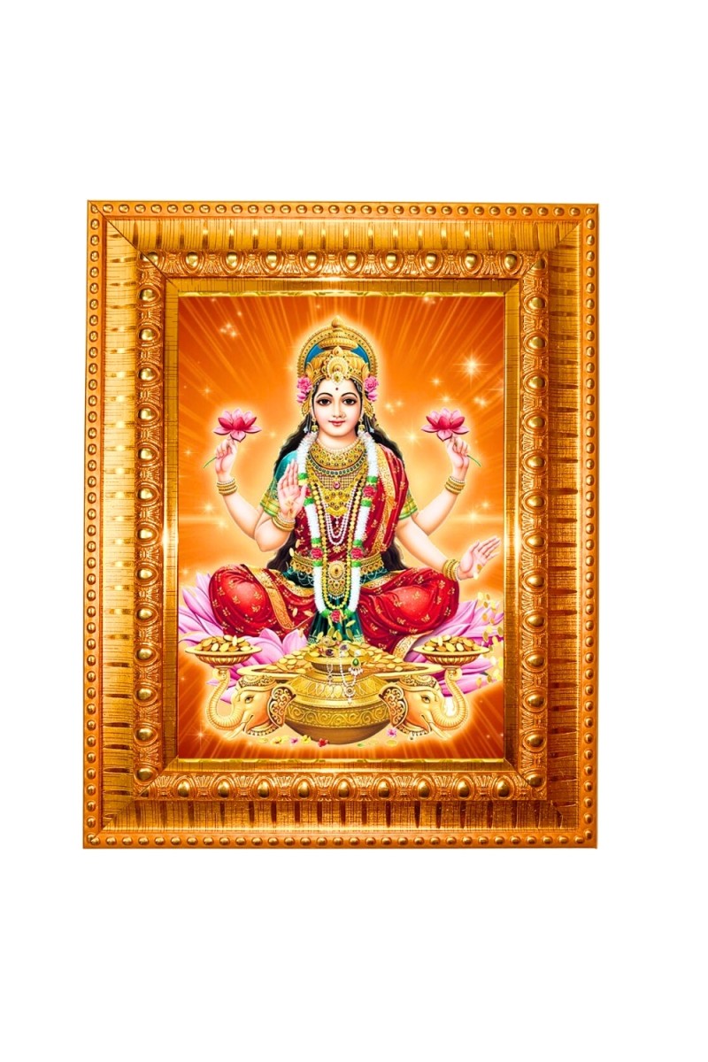 Goddess Lakshmi Golden Designer Photo Frame | 10x14 Inch Religious Wall Hanging Frame for Home & Office Decoration | Hindu Deity Spiritual Gift Item