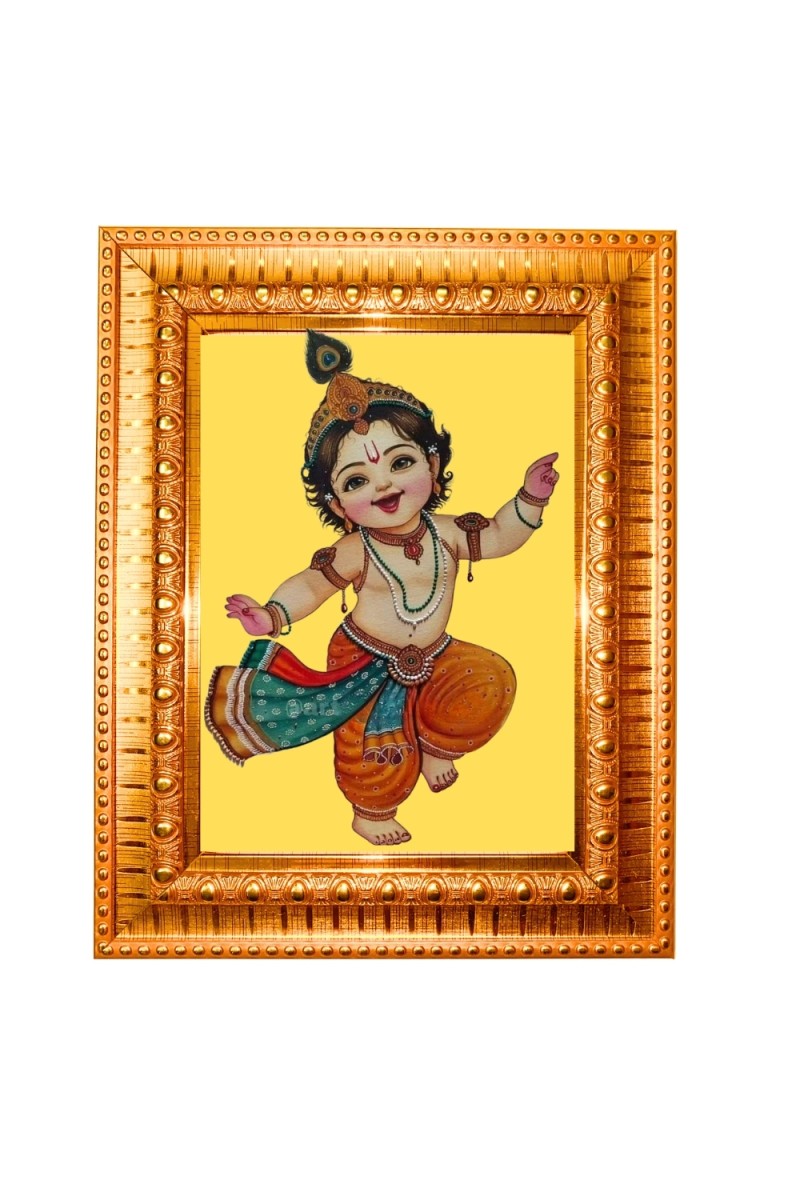 Baby krishna Golden Designer Photo Frame | 10x14 Inch Religious Wall Hanging Frame for Home & Office Decoration | Hindu Deity Spiritual Gift Item