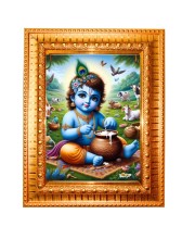 Baby krishna Golden Designer Photo Frame | 10x14 Inch Religious Wall Hanging Frame for Home & Office Decoration | Hindu Deity Spiritual Gift Item