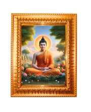  Lord Gautam Buddha Golden Designer Photo Frame | 10x14 Inch Religious Wall Hanging Frame for Home & Office Decoration | Hindu Deity Spiritual Gift Item