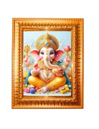 Lord ganesha Golden Designer Photo Frame | 10x14 Inch Religious Wall Hanging Frame for Home & Office Decoration | Hindu Deity Spiritual Gift Item