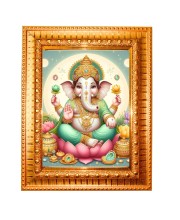 Lord ganesha Golden Designer Photo Frame | 10x14 Inch Religious Wall Hanging Frame for Home & Office Decoration | Hindu Deity Spiritual Gift Item