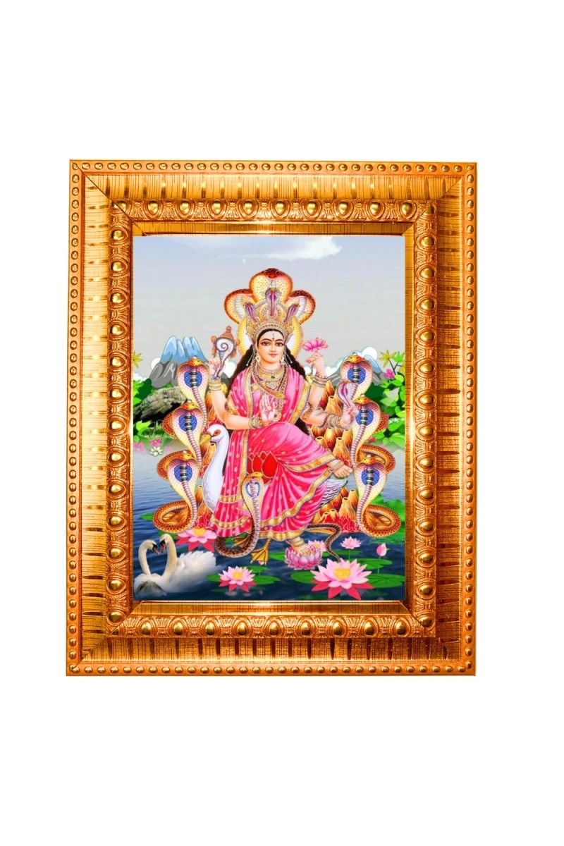 Maa  Manasa Devi Golden Designer Photo Frame | 10x14 Inch Religious Wall Hanging Frame for Home & Office Decoration | Hindu Deity Spiritual Gift Item