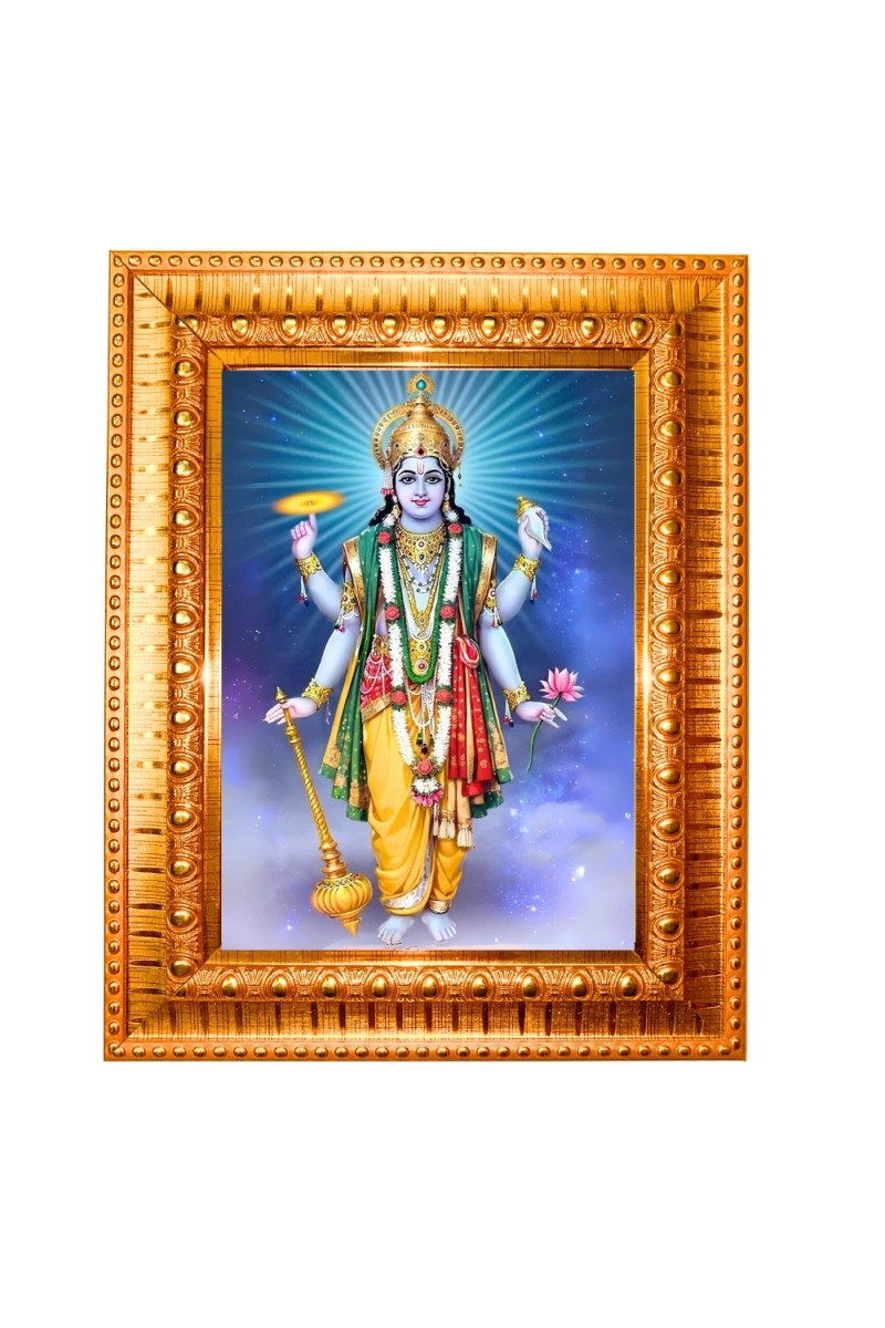 Lord vishnu Golden Designer Photo Frame | 10x14 Inch Religious Wall Hanging Frame for Home & Office Decoration | Hindu Deity Spiritual Gift Item