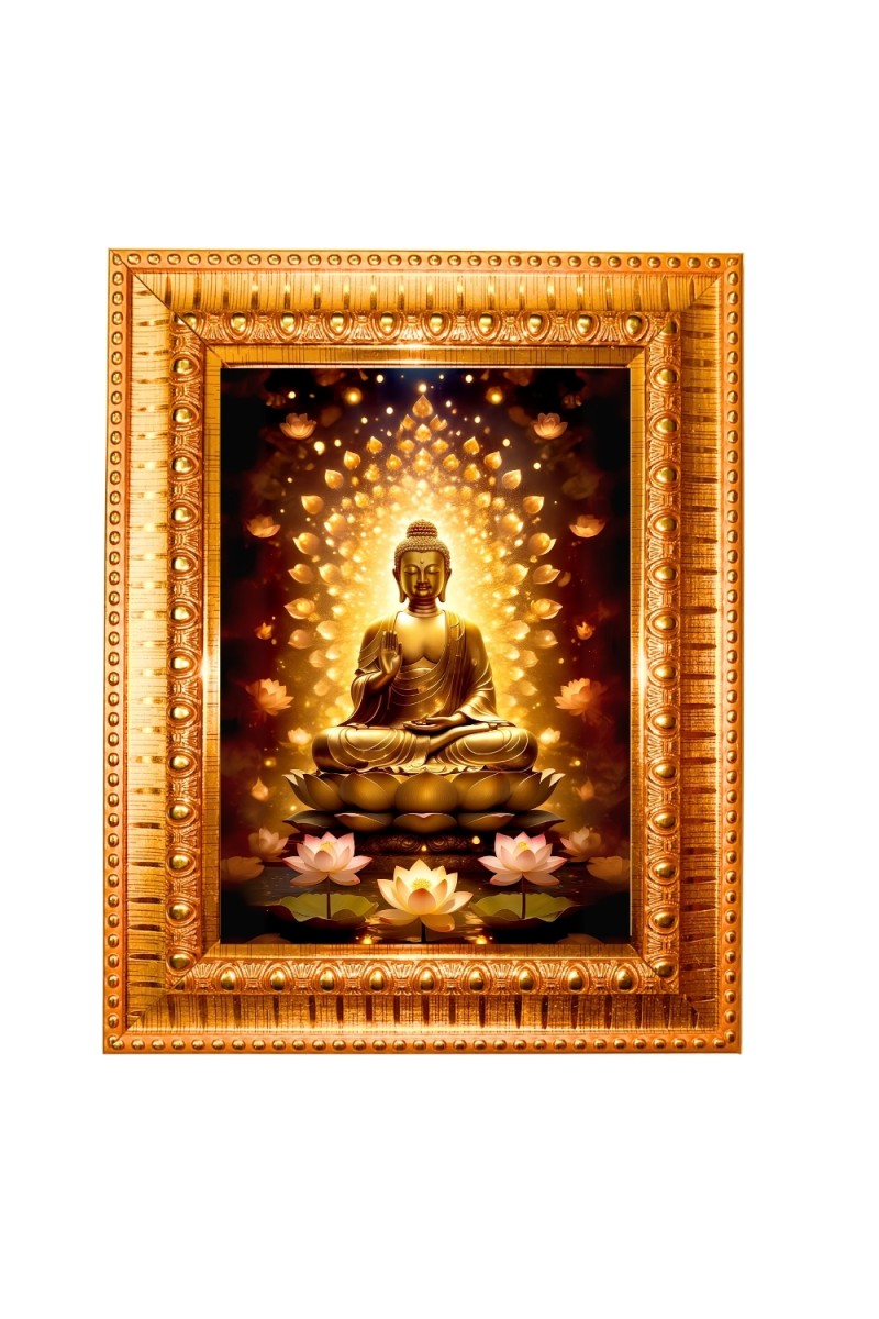 Lord gautam buddha Golden Designer Photo Frame | 10x14 Inch Religious Wall Hanging Frame for Home & Office Decoration | Hindu Deity Spiritual Gift Item