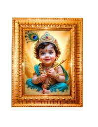 Baby krishna Golden Designer Photo Frame | 10x14 Inch Religious Wall Hanging Frame for Home & Office Decoration | Hindu Deity Spiritual Gift Item