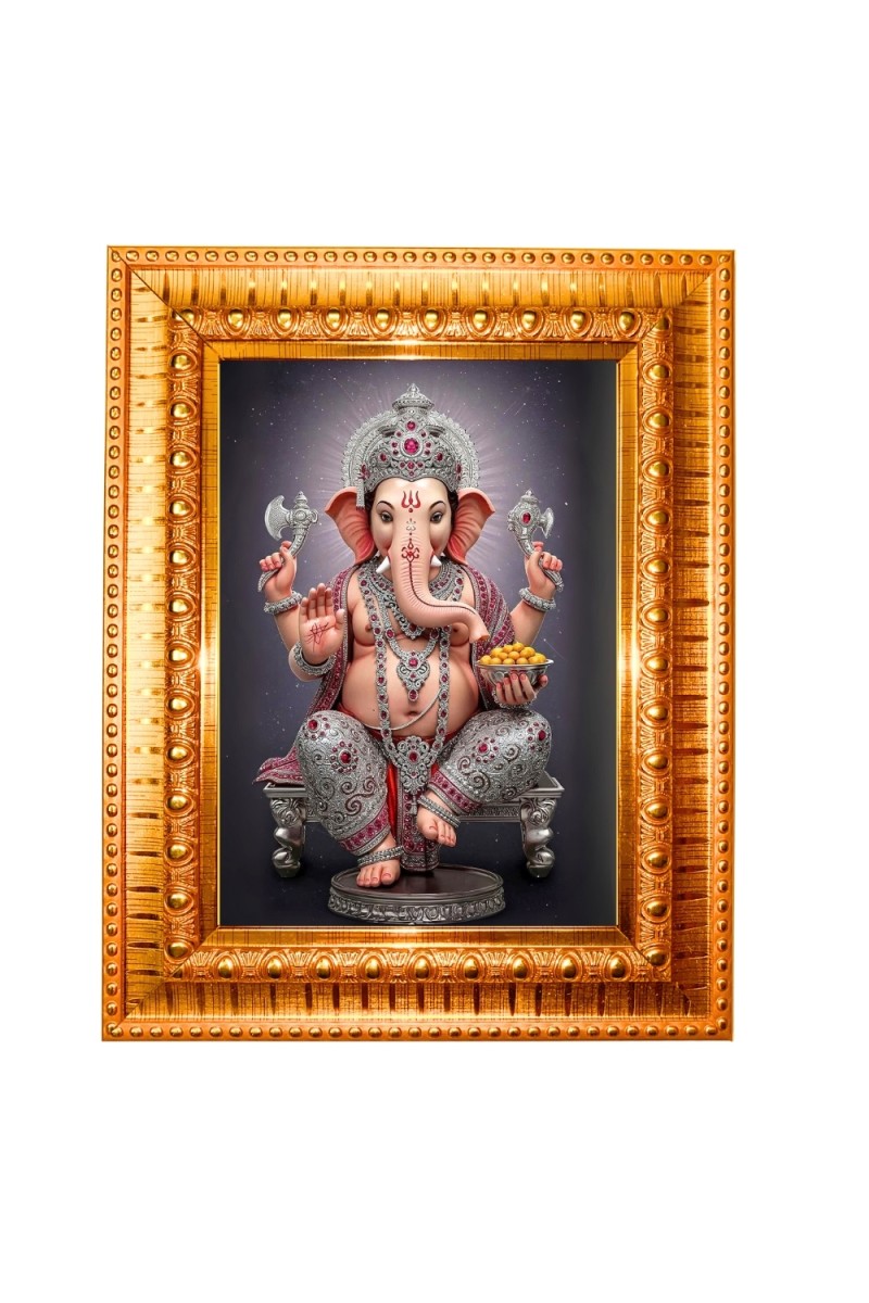 Lord Ganesha Golden Designer Photo Frame | 10x14 Inch Religious Wall Hanging Frame for Home & Office Decoration | Hindu Deity Spiritual Gift Item