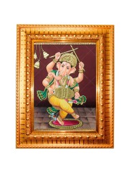 Nritya Ganapati.  Golden Designer Photo Frame | 10x14 Inch Religious Wall Hanging Frame for Home & Office Decoration | Hindu Deity Spiritual Gift Item