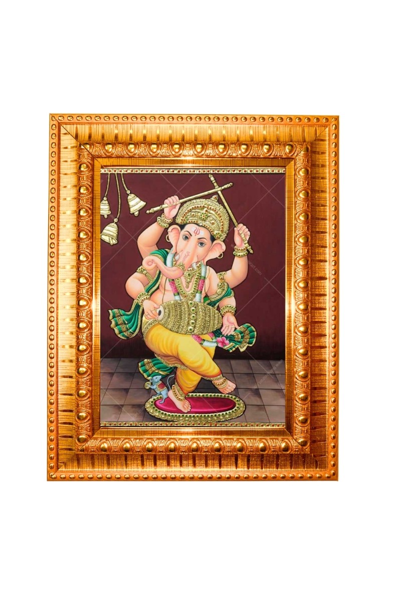 Nritya Ganapati.  Golden Designer Photo Frame | 10x14 Inch Religious Wall Hanging Frame for Home & Office Decoration | Hindu Deity Spiritual Gift Item