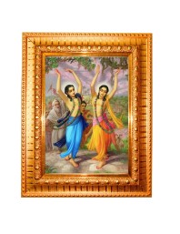Chaitanya Mahaprabhu Nityananda Prabhu Golden Designer Photo Frame | 10x14 Inch Religious Wall Hanging Frame for Home & Office Decoration | Hindu Deity Spiritual Gift Item