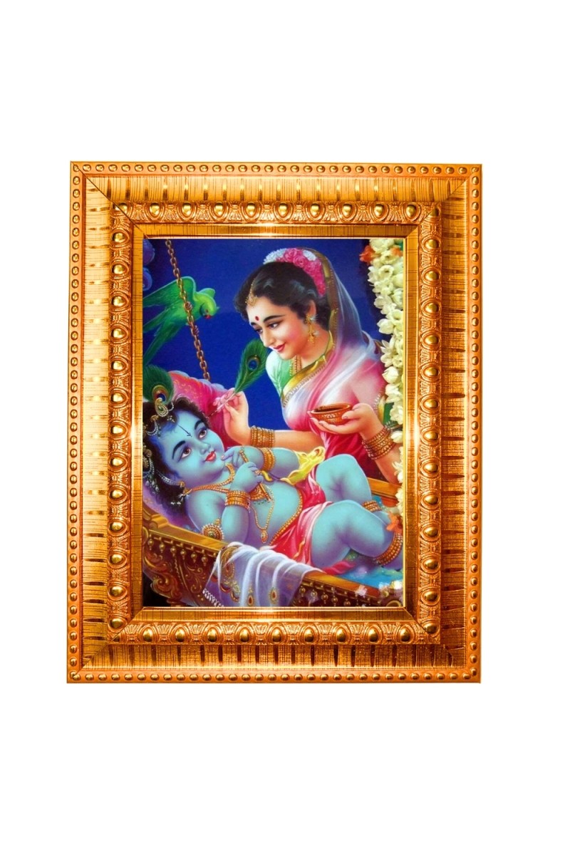  Yashoda baby Krishna Golden Designer Photo Frame | 10x14 Inch Religious Wall Hanging Frame for Home & Office Decoration | Hindu Deity Spiritual Gift Item