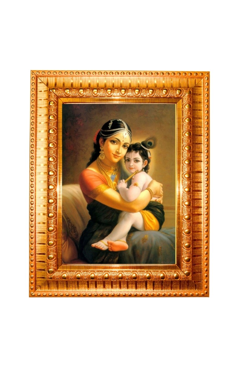 Yashoda Lord Krishna Golden Designer Photo Frame | 10x14 Inch Religious Wall Hanging Frame for Home & Office Decoration | Hindu Deity Spiritual Gift Item