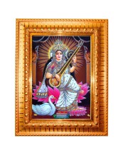 Goddess Saraswati Golden Designer Photo Frame | 10x14 Inch Religious Wall Hanging Frame for Home & Office Decoration | Hindu Deity Spiritual Gift Item