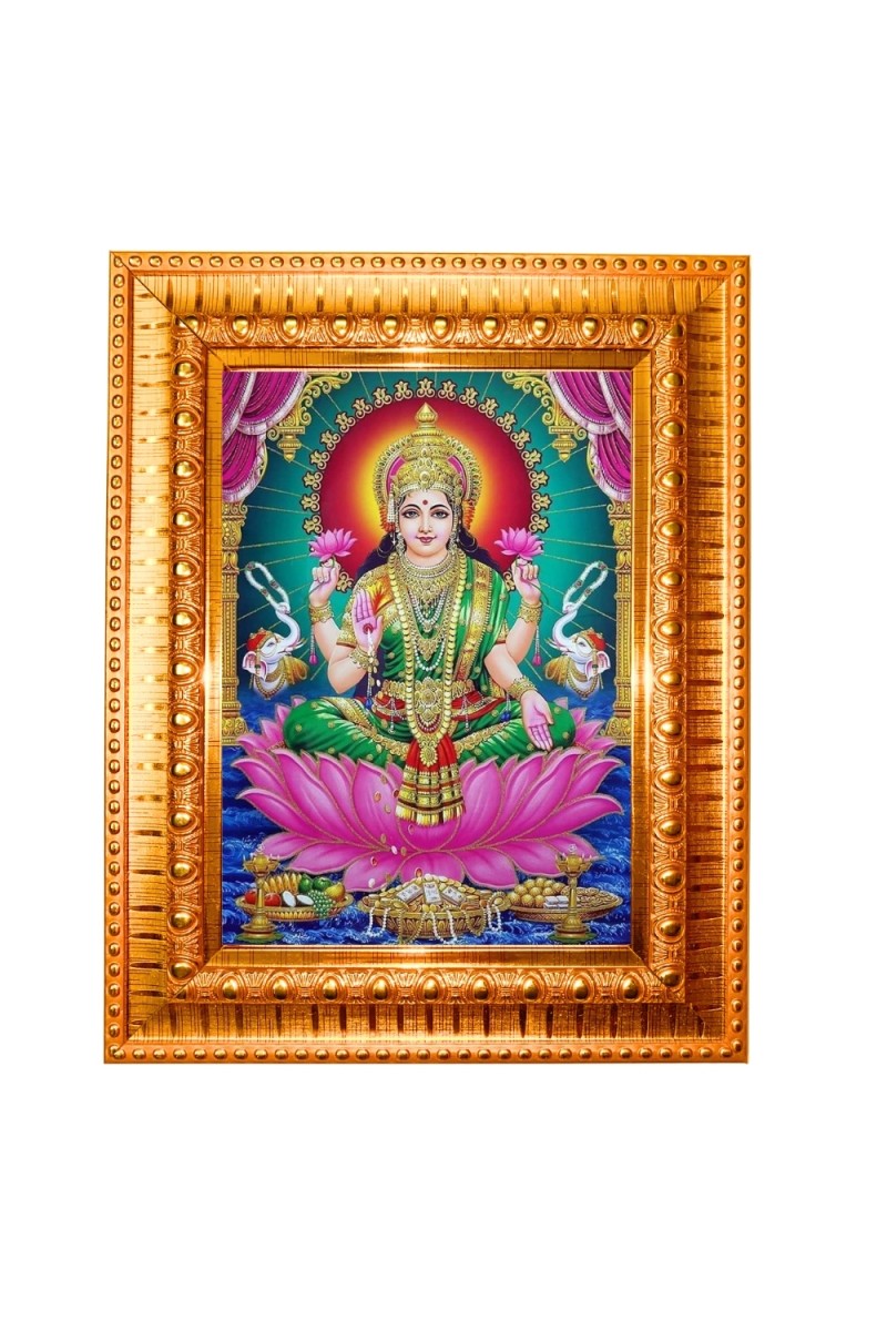 Goddess Lakshmi Golden Designer Photo Frame | 10x14 Inch Religious Wall Hanging Frame for Home & Office Decoration | Hindu Deity Spiritual Gift Item