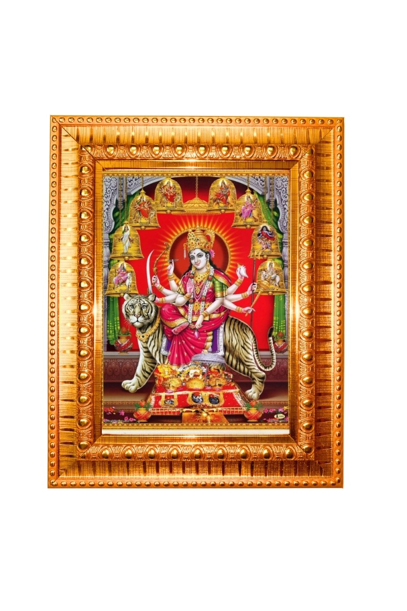 Goddess Durga Golden Designer Photo Frame | 10x14 Inch Religious Wall Hanging Frame for Home & Office Decoration | Hindu Deity Spiritual Gift Item