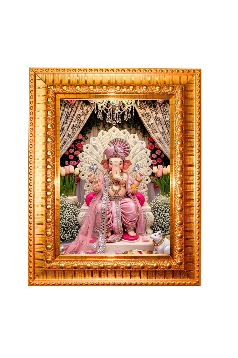 Divine ganesha Golden Designer Photo Frame | 10x14 Inch Religious Wall Hanging Frame for Home & Office Decoration | Hindu Deity Spiritual Gift Item