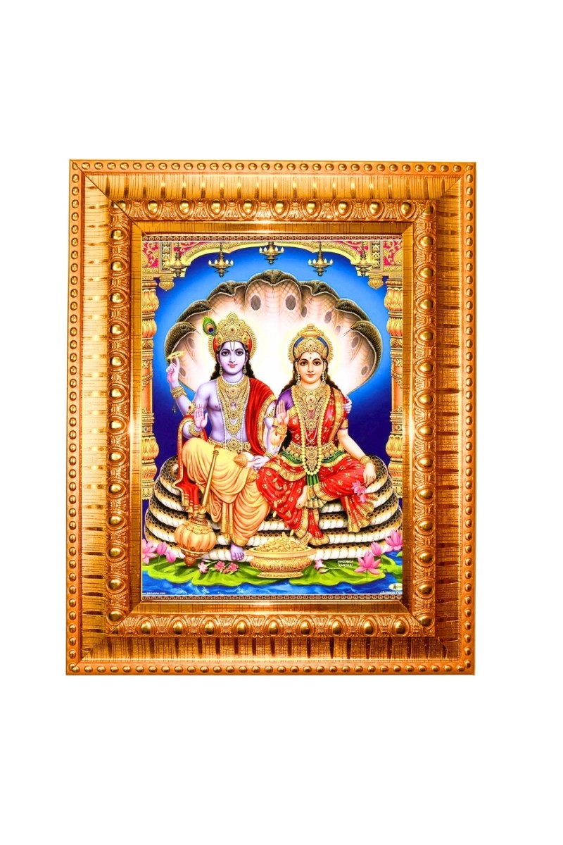  Lord Vishnu and Goddess Lakshmi Golden Designer Photo Frame | 10x14 Inch Religious Wall Hanging Frame for Home & Office Decoration | Hindu Deity Spiritual Gift Item