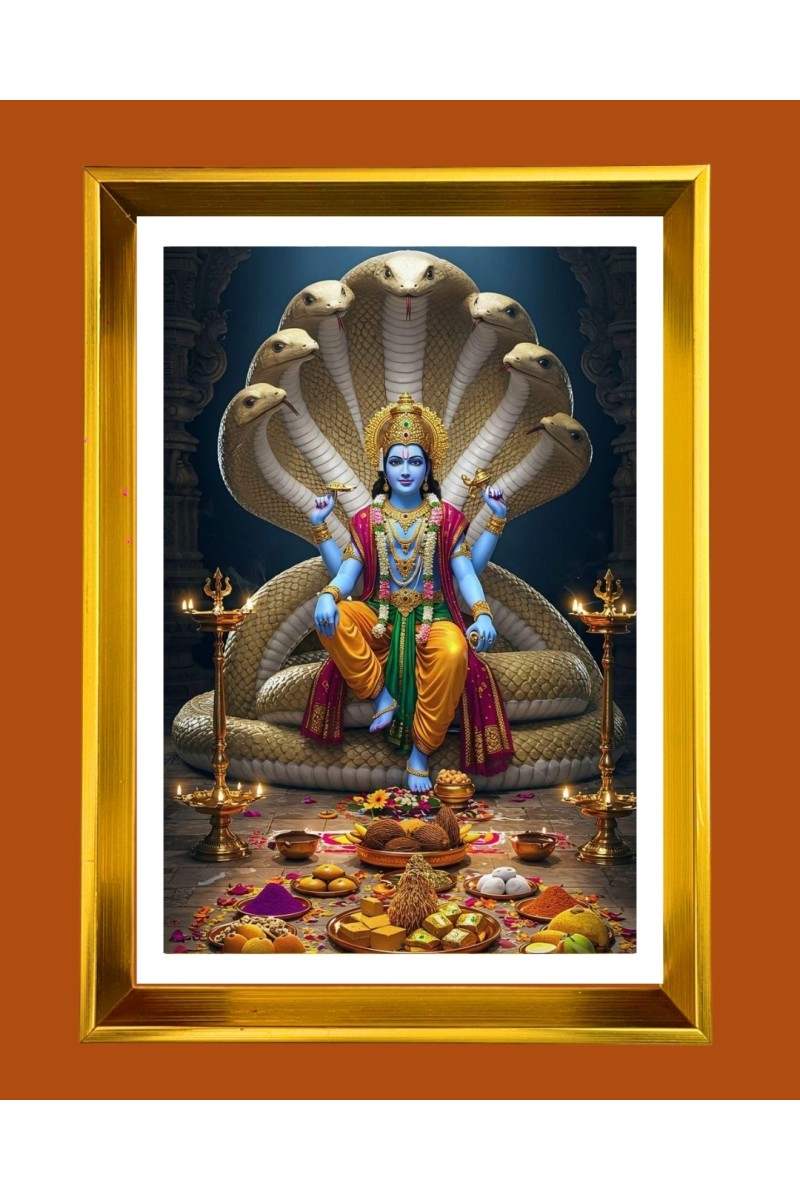 Lord vishnu Golden Photo Frame - 10x14 Inches | Elegant Wooden Frame for Home, Office & Temple Decoration | Spiritual Wall & Table Decor and Gift Item