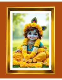 Little krishna Golden Photo Frame - 10x14 Inches | Elegant Wooden Frame for Home, Office & Temple Decoration | Spiritual Wall & Table Decor and Gift Item